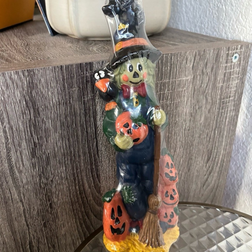 Vintage Halloween 11.5"Candle Scarecrow Holding Jack-O-Lantern Holding Broom